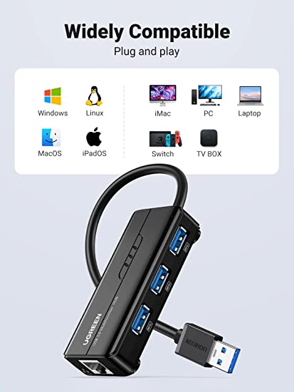 UGREEN USB 3.0 Hub Ethernet Adapter 10 100 1000 Gigabit Network Converter with 3 USB 3.0 Ports Hub Compatible with Laptop PC Nintendo Switch MacBook Mac Mini Surface XPS Windows Linux macOS, - UG-20265