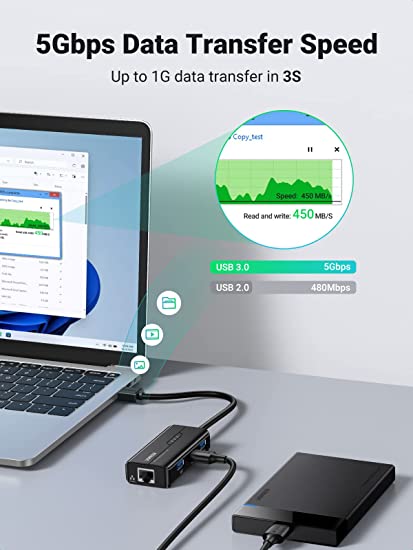 UGREEN USB 3.0 Hub Ethernet Adapter 10 100 1000 Gigabit Network Converter with 3 USB 3.0 Ports Hub Compatible with Laptop PC Nintendo Switch MacBook Mac Mini Surface XPS Windows Linux macOS, - UG-20265