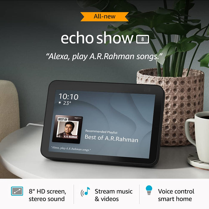 Amazon Echo Show 8 (2nd Gen) with 8" HD screen, stereo sound & hands-free entertainment with AlexaAmazon Echo Show 8 (2nd Gen) with 8" HD screen, stereo sound & hands-free entertainment with Alexa