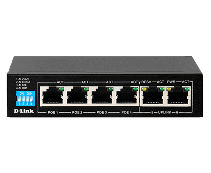 D-Link 250M 6-Port 1000Mbps Switch with 4 PoE Ports and 2 Uplink Ports  - DGS-F1006P-E