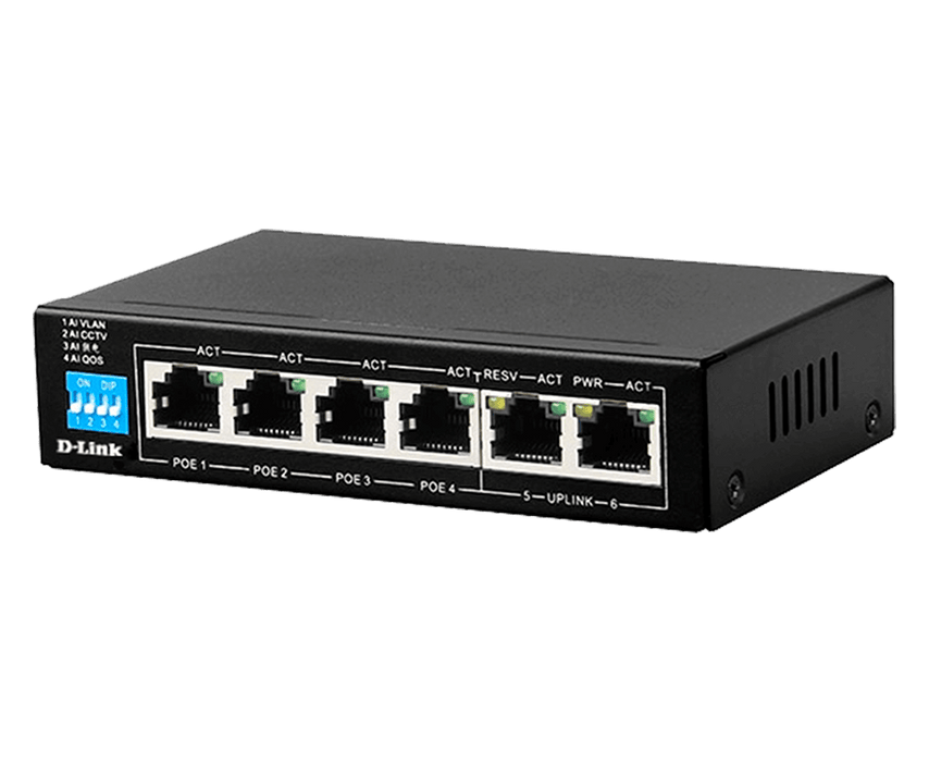 D-Link 250M 6-Port 1000Mbps Switch with 4 PoE Ports and 2 Uplink Ports  - DGS-F1006P-E