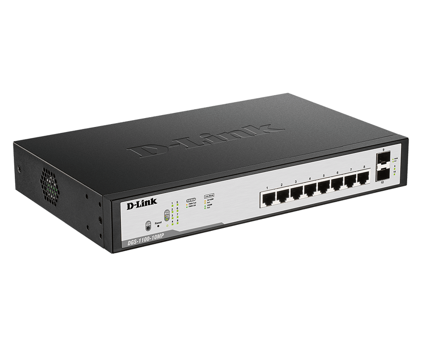D-Link 10-port 10/100/1000Base-T Long Range 250m PoE+ Smart Switch with 8 PoE ports, 2 SFP ports, 96W PoE Power budget, (802.3af/802.3at support), UK plug - DGS-F1100-10PS-E/B
