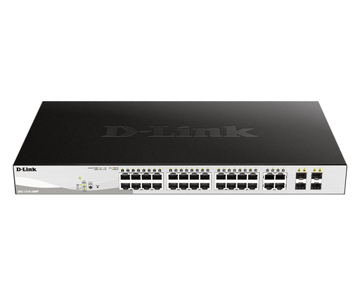 D-Link Gigabit Smart Managed PoE Switch 24 x 10/100/1000BASE-T PoE ports / 4 x Gigabit GbE/SFP combo ports Advanced L2 switching and security features L2+ Static Routing /370W PoE budget - DGS-1210-28MP