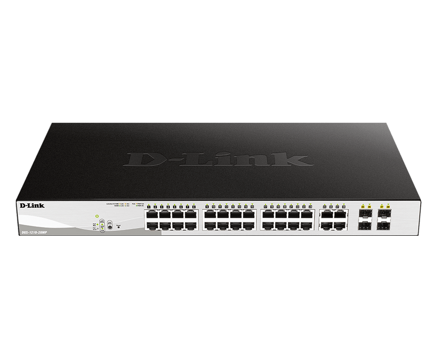D-Link Gigabit Smart Managed PoE Switch 24 x 10/100/1000BASE-T PoE ports / 4 x Gigabit GbE/SFP combo ports Advanced L2 switching and security features L2+ Static Routing /370W PoE budget - DGS-1210-28MP