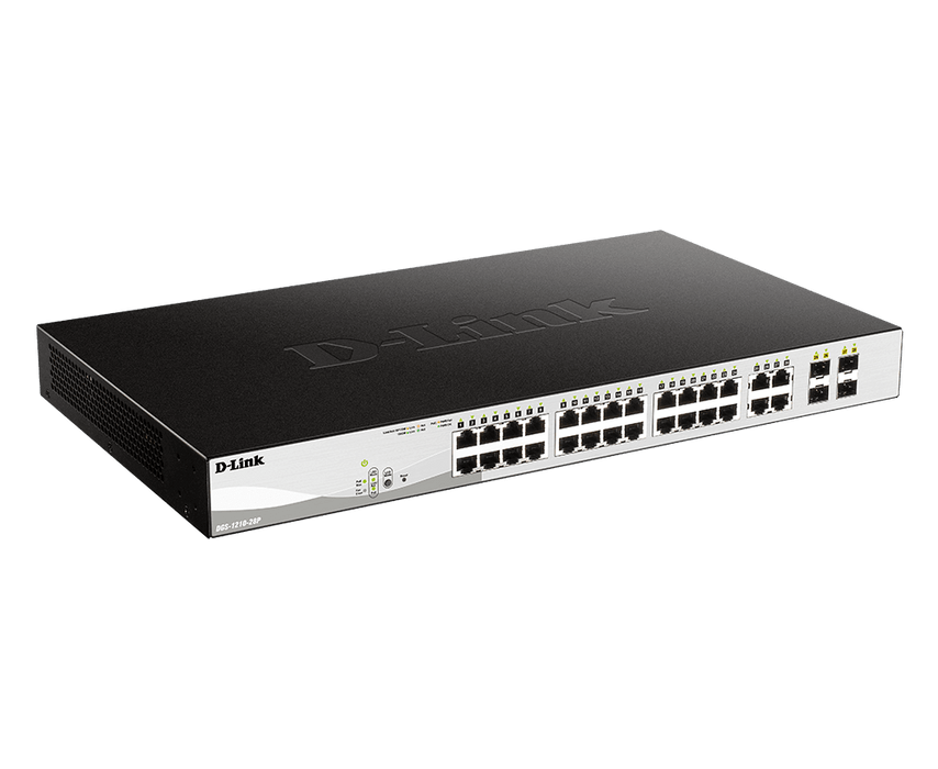 D-Link 24-Port 10/100/1000BaseT PoE + 4 Combo 1000BaseT/SFP ports Web Smart Switch, 193W PoE budget (802.3af/802.3at support) - DGS-1210-28P