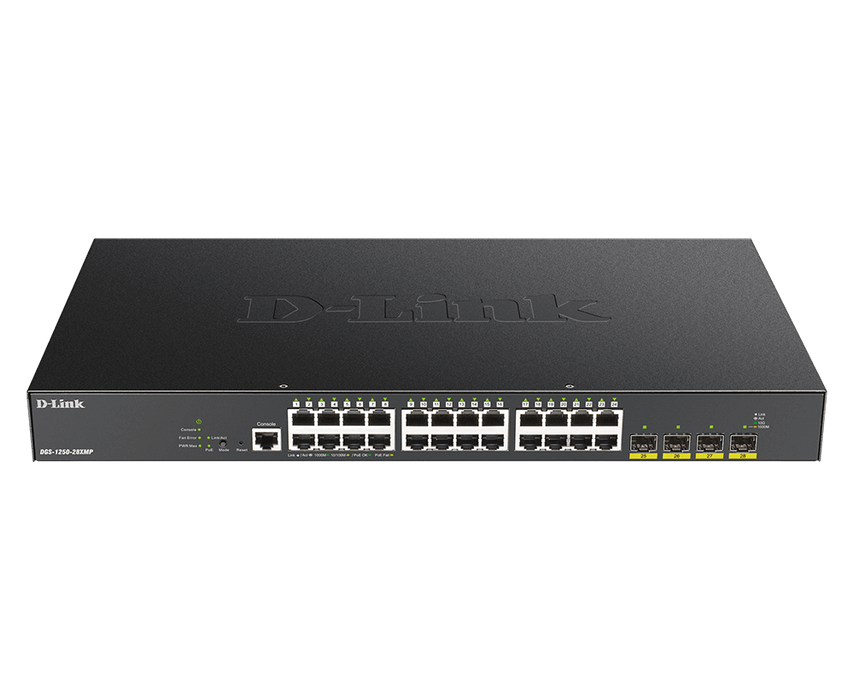 D-Link 24 Ports 10/100/1000 Mbps PoE + 4 Ports 10G SFP+ Smart Managed Switch, 370W PoE budget (EU/UK power plug) - DGS-1250-28XMP