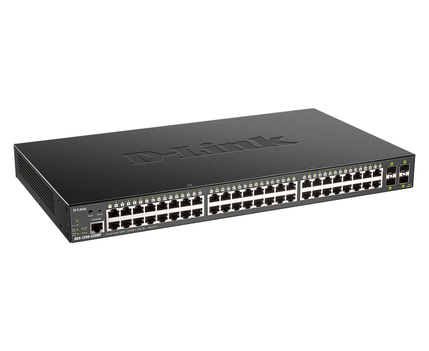D-Link 48 Ports 10/100/1000 Mbps PoE + 4 Ports 10G SFP+ Smart Managed Switch, 370W PoE budget (EU/UK power plug) - DGS-1250-52XMP