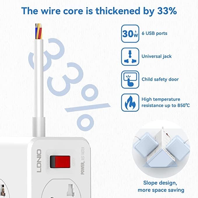 LDNIO SC10610 Power Extension with 10-Outlet Surge protector power sockets, 6 USB Ports 30W PD+QC Fast charging adapter sockets 2-meter heavy-duty power Extension Cord
