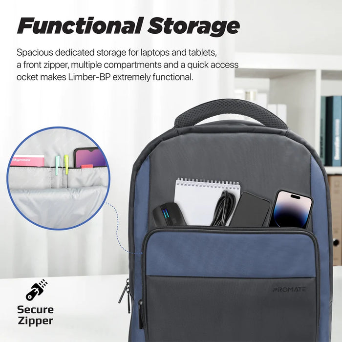 Promate 15.6 Inch Large Capacity Laptop Backpack with Multiple Compartments