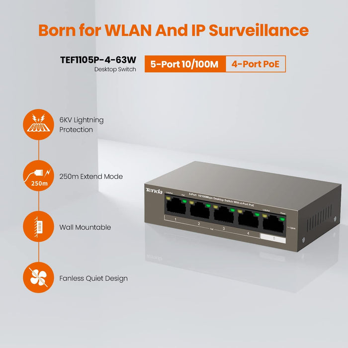 Tenda TEF1105P, 5 Port Fast Ethernet PoE Switch