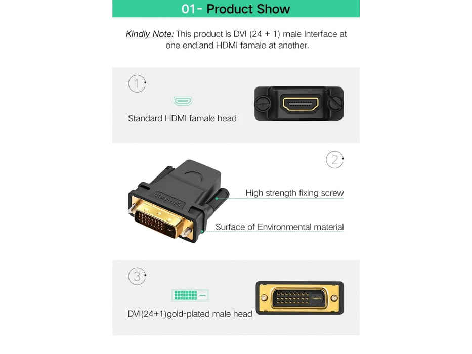 Ugreen DVI (24+1) Male to HDMI Female Adapter Black (20124)