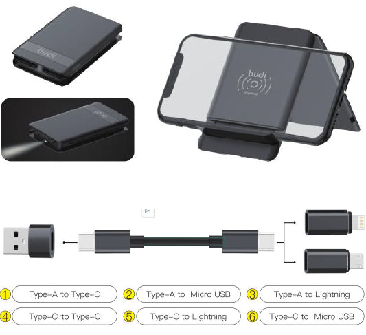 Budi WL515WB 5W wireless charger, 5W Wireless Charger Multi-functional box 6in1 Cable+SIM KIT TF-card Memory Reader Phone Cradle Led Light