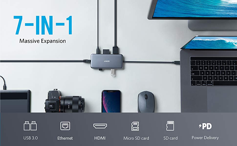 Anker PowerExpand+ 7-in-1 USB-C PD Ethernet Hub - A8352HA1 - with 4K HDMI, 60W Power Delivery, 1Gbps Ethernet, 2 USB 3.0 Ports and SD/microSD Card Readers