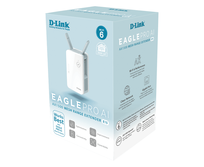 D-Link Wireless AX1500 Wi-Fi 6 Mesh Dual Band AI Range Extender, MU-MIMO & OFDMA, Wall plug design, 1 x Gigabit LAN, 2 external antennas, FOTA, D-Link AI technology, D-Link Wi-Fi Mesh, D-Link Ai APP Support, UK plug - E15/BNA