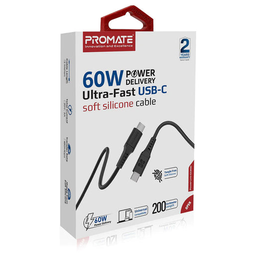 Promate 60W USB-C to USB-C Flexible Silicon Cable 2 Meter (PowerLink-CC200)