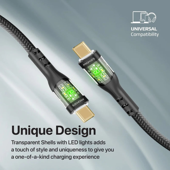 Promate 60W Power Delivery Ultra-Fast USB-C 1.2M Cable with Transparent Shells (TransLine-CC)