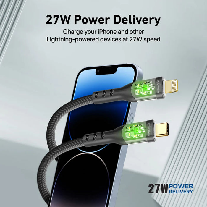 Promate 27W Power Delivery USB-C to Lightning Cable with Transparent Shells (TransLine-Ci), 1.2m Cable Length