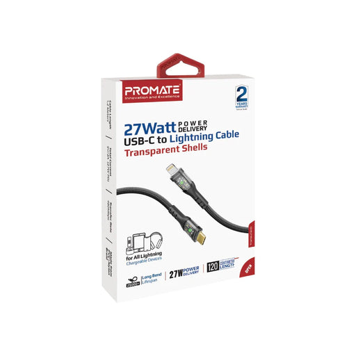 Promate 27W Power Delivery USB-C to Lightning Cable with Transparent Shells (TransLine-Ci), 1.2m Cable Length