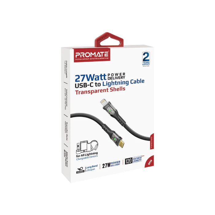 Promate 27W Power Delivery USB-C to Lightning Cable with Transparent Shells (TransLine-Ci), 1.2m Cable Length