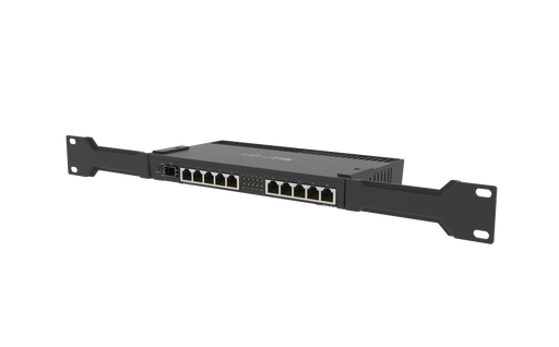 MikroTik Powerful 10xGigabit port router with a Quad-core 1.4Ghz CPU, 1GB RAM, SFP+ 10Gbps cage and desktop case with rack ears - RB4011iGS+RM