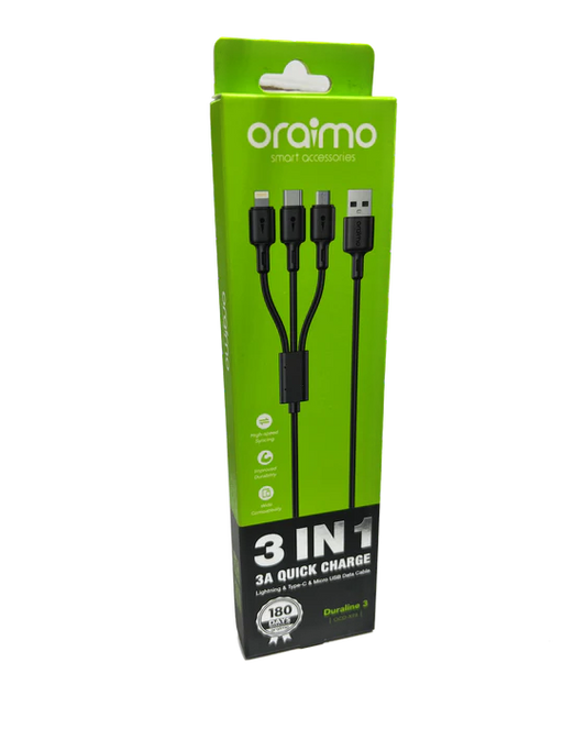 oraimo Duraline 3 3A 1.2M Data Cable For Lightning & Type-C & Micro USB