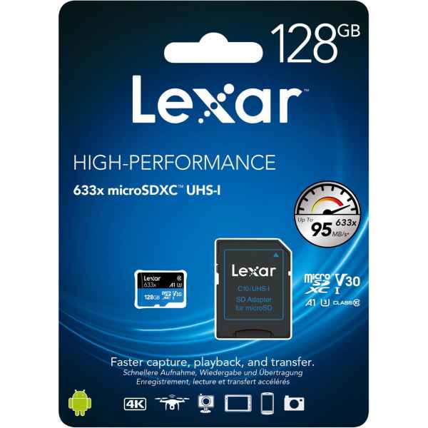 Lexar 633x High-Performance 128GB microSDXC™ UHS-I, up to 100MB/s read 45MB/s - LSDMI128BB633A