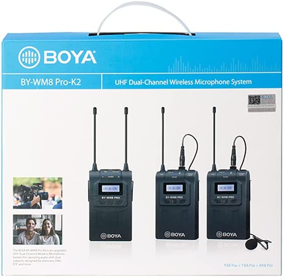 BOYA BY-WM8 Pro-K2 UHF Dual-Channel Wireless Lavalier Microphone System - with Omnidirectional Lavalier Microphones