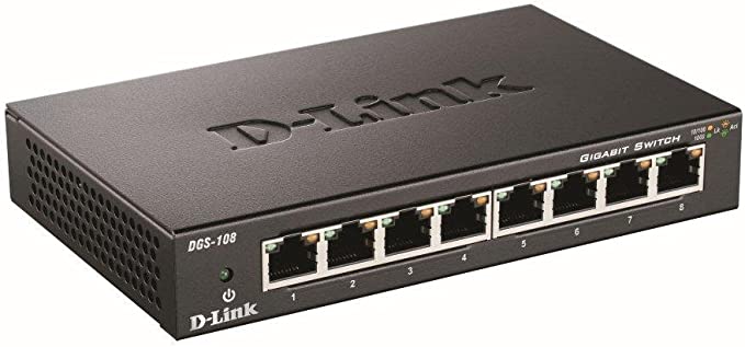 D-Link 8-port DGS-108/B 10/100/1000Base-T Unmanaged Metal Desktop Gigabit Switch (UK Plug) - DGS-108/B