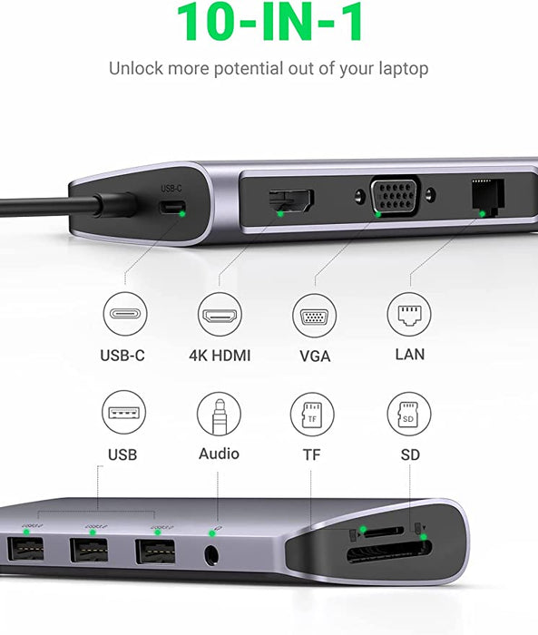 UGREEN CM179 USB-C Multifunction Adapter 10-in-1 USB-C hub with USB 3.0 ports, HDMI, VGA, Gigabit Ethernet, SD and TF card readers, a 3.5mm audio port, and USB-C Power Delivery (PD) support ,compatible with MacBook, iPad, Dell, HP - UG-80133