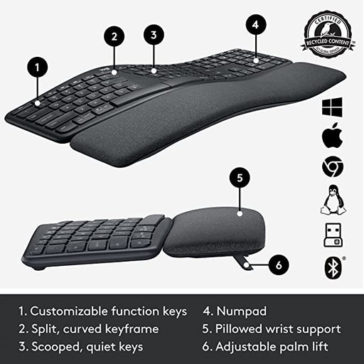 Products Logitech ERGO K860 Wireless Ergonomic Keyboard (Bluetooth and USB Connectivity) Compatible with Windows/Mac - 920-009166