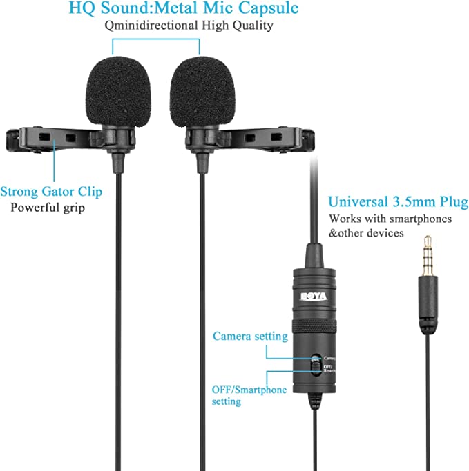 BOYA BY- M1DM Dual Lapel Lavalier Microphone - with 2 lav Mics attached to a Single 3.5mm TRRS connector