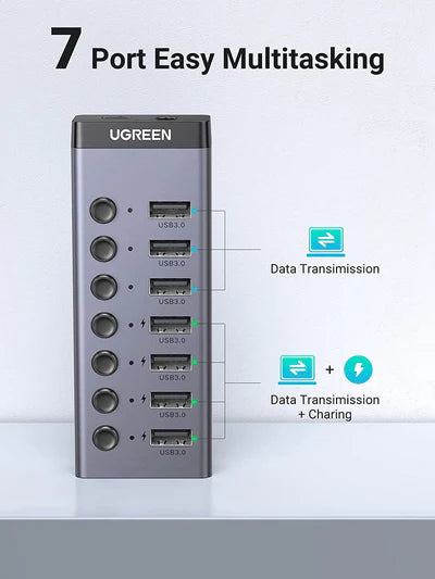 UGREEN 7-Port Powered USB 3.0 Hub US Power adaptor with 4 Smart Charging Ports, USB Splitter with Individual Led On/Off Switches and Power Adapter, USB Ports Extender for Laptop PC - UG-90305