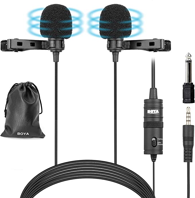 BOYA BY- M1DM Dual Lapel Lavalier Microphone - with 2 lav Mics attached to a Single 3.5mm TRRS connector