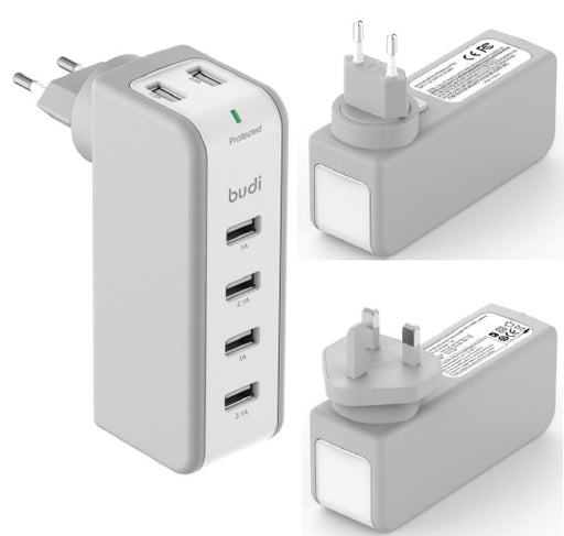 Budi AC301U / AC301E 35W(5V0.5A*2+5V1A*2+5V2.1A*2) 6 USB ports Swivel UK/EU plug