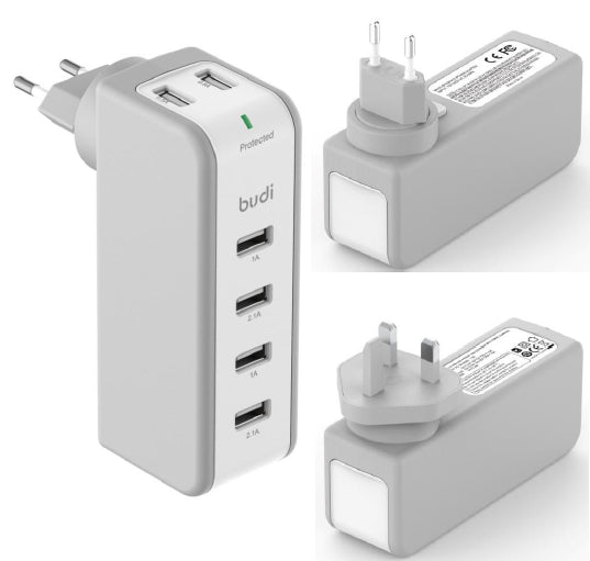 Budi AC301U / AC301E 35W(5V0.5A*2+5V1A*2+5V2.1A*2) 6 USB ports Swivel UK/EU plug