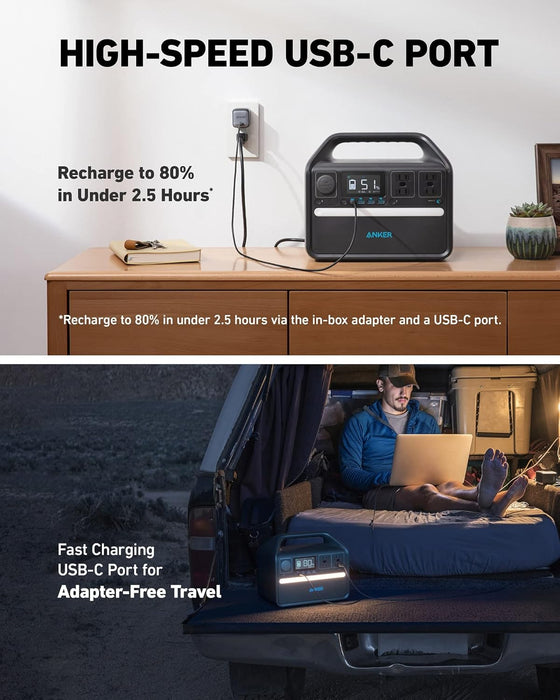 Anker 535 Portable Power Station, 512Wh Solar Generator (Solar Panel Optional) with LiFePO4 Battery Pack, 500W 9-Port Powerhouse, 4 AC Outlets, 60W USB-C PD Output, LED Light for Outdoor