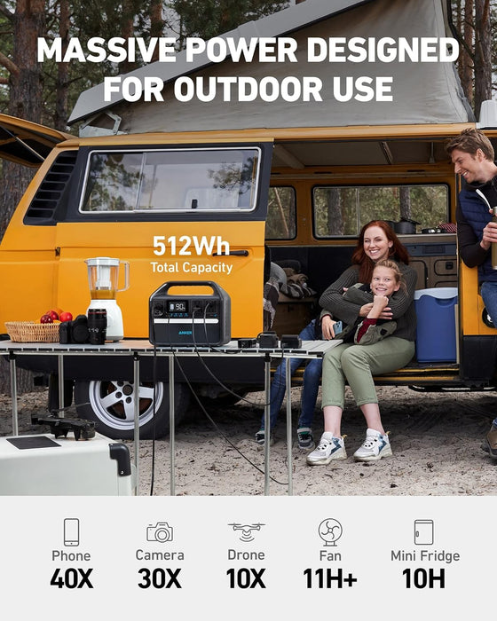 Anker 535 Portable Power Station, 512Wh Solar Generator (Solar Panel Optional) with LiFePO4 Battery Pack, 500W 9-Port Powerhouse, 4 AC Outlets, 60W USB-C PD Output, LED Light for Outdoor