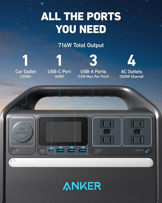 Anker 535 Portable Power Station, 512Wh Solar Generator (Solar Panel Optional) with LiFePO4 Battery Pack, 500W 9-Port Powerhouse, 4 AC Outlets, 60W USB-C PD Output, LED Light for Outdoor