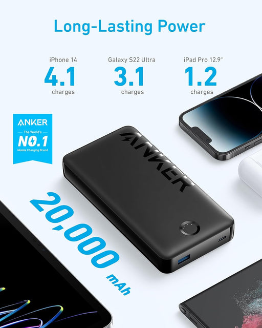 Anker Portable Charger, 20,000mAh Power Bank, Battery Pack with 1 USB-A and 1 USB-C Ports, 15W Max Charging for iPhone 16/15/14/13/12 Series, Samsung Galaxy, and More (Black)