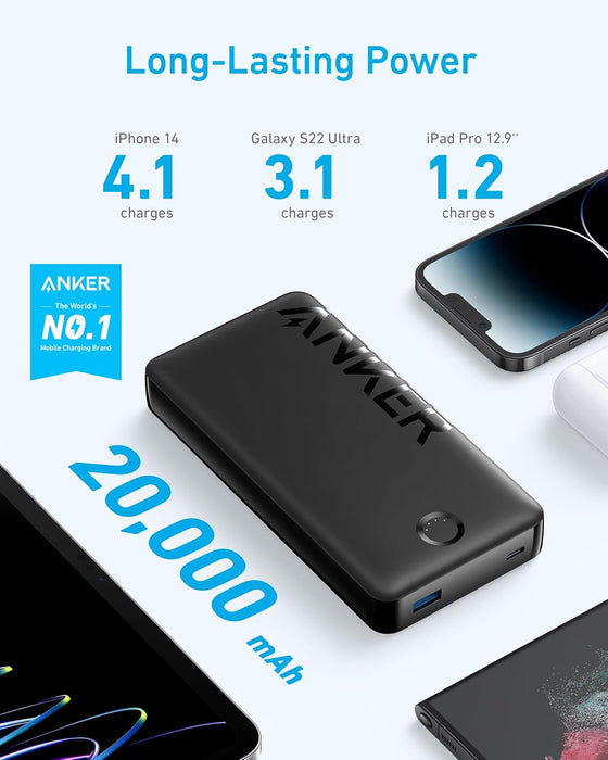Anker Portable Charger, 20,000mAh Power Bank, Battery Pack with 1 USB-A and 1 USB-C Ports, 15W Max Charging for iPhone 16/15/14/13/12 Series, Samsung Galaxy, and More (Black)