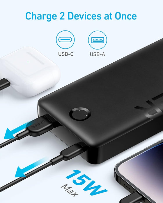 Anker Portable Charger, 20,000mAh Power Bank, Battery Pack with 1 USB-A and 1 USB-C Ports, 15W Max Charging for iPhone 16/15/14/13/12 Series, Samsung Galaxy, and More (Black)