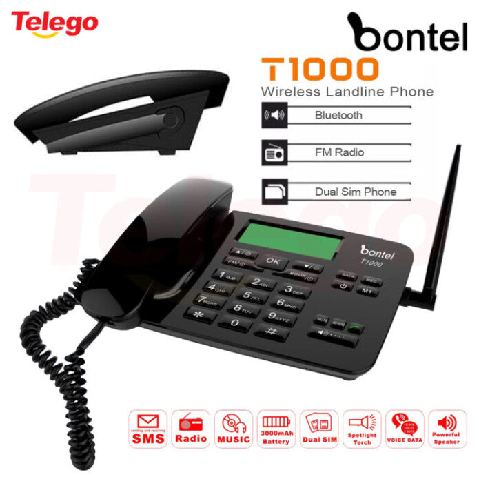 Bontel T1000 Wireless Landline Desktop Phone - 3000mAH Battery, LCD Display, Adjustable Volume, High Capacity Phonebook