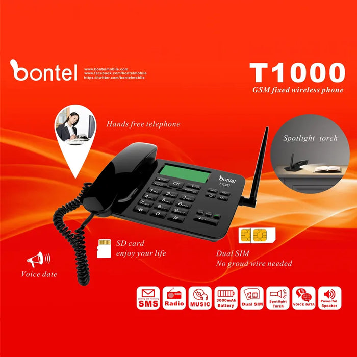 Bontel T1000 Wireless Landline Desktop Phone - 3000mAH Battery, LCD Display, Adjustable Volume, High Capacity Phonebook