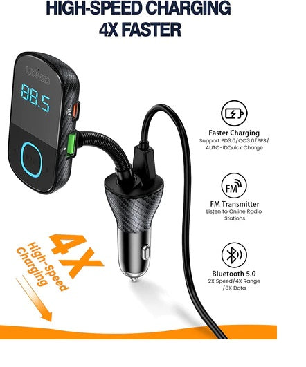 LDNIO C705Q Bluetooth 5.0 FM Car Transmitter Modulator, 43W PD & QC3.0, PPS Fast Charging, 3 USB Port Car Bluetooth Adapter with LED Display