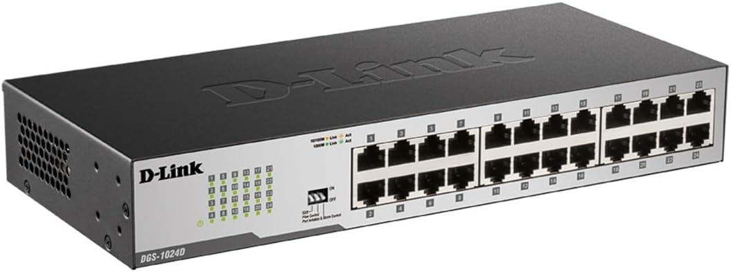 D-Link DGS-1024D, Ethernet Switch, 24 Port Gigabit Unmanaged Fanless Network Hub Desktop or Rack Mountable, 