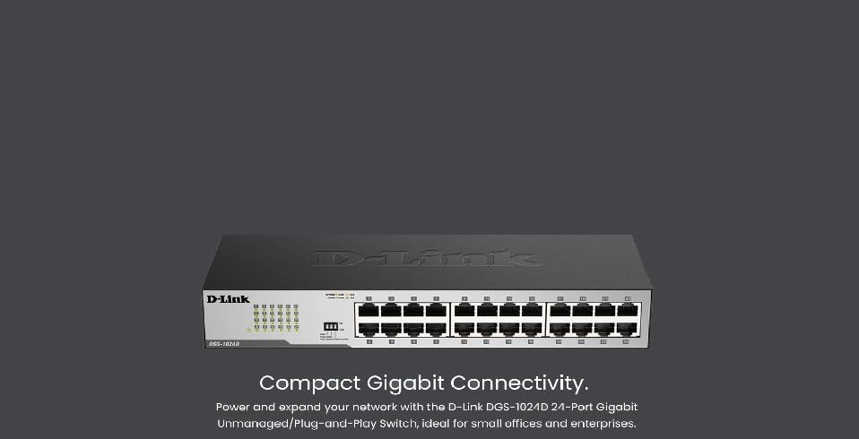 D-Link DGS-1024D, Ethernet Switch, 24 Port Gigabit Unmanaged Fanless Network Hub Desktop or Rack Mountable, 