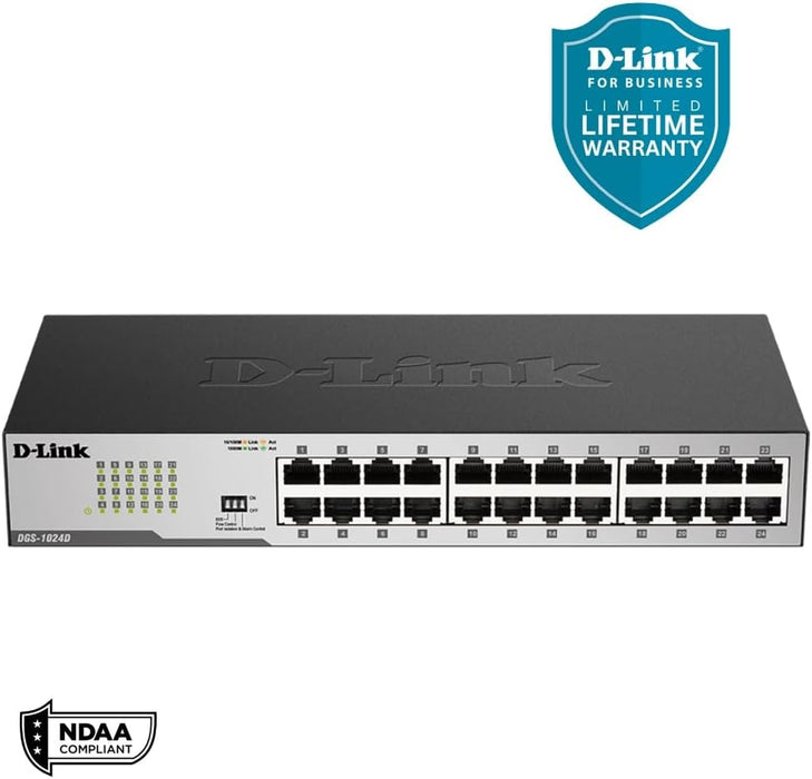 D-Link DGS-1024D, Ethernet Switch, 24 Port Gigabit Unmanaged Fanless Network Hub Desktop or Rack Mountable, 