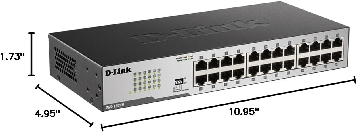 D-Link DGS-1024D, Ethernet Switch, 24 Port Gigabit Unmanaged Fanless Network Hub Desktop or Rack Mountable, 
