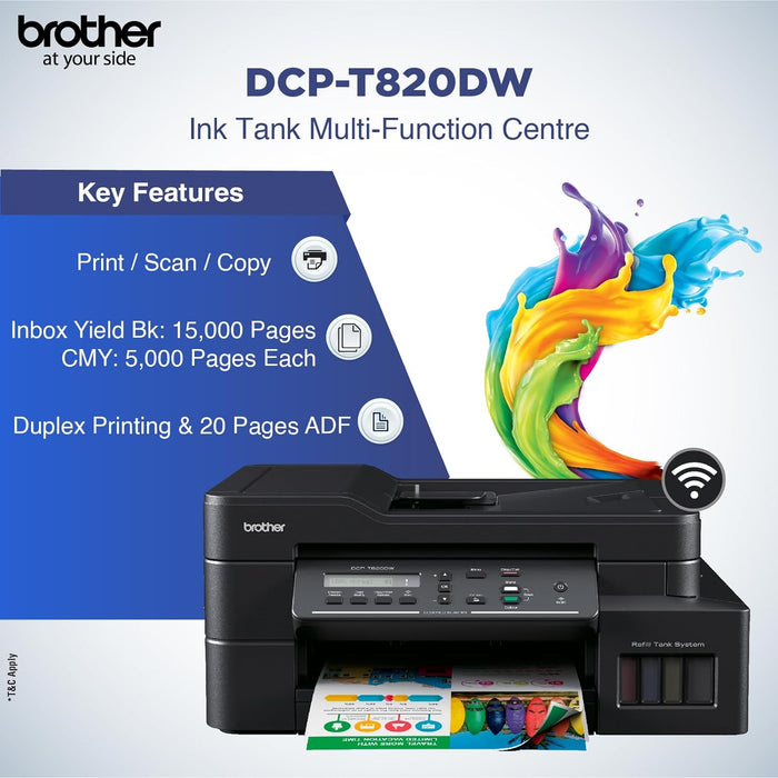 Brother DCP-T820DW - Wi-Fi & Auto Duplex Color Ink Tank Multifunction (Print, Scan & Copy) All in One Printer for Home & Office