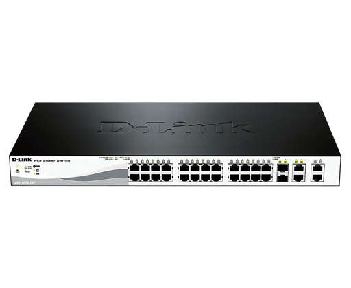 D-Link 24-Port 10/100Base-T PoE Smart Switch with 2 * 1000BaseT Copper port & 2 Combo SFP/ Gigabit copper port, Auto voice VLAN, Time based PoE, 15.4/30W support, 193W PoE power budget - DES-1210-28P